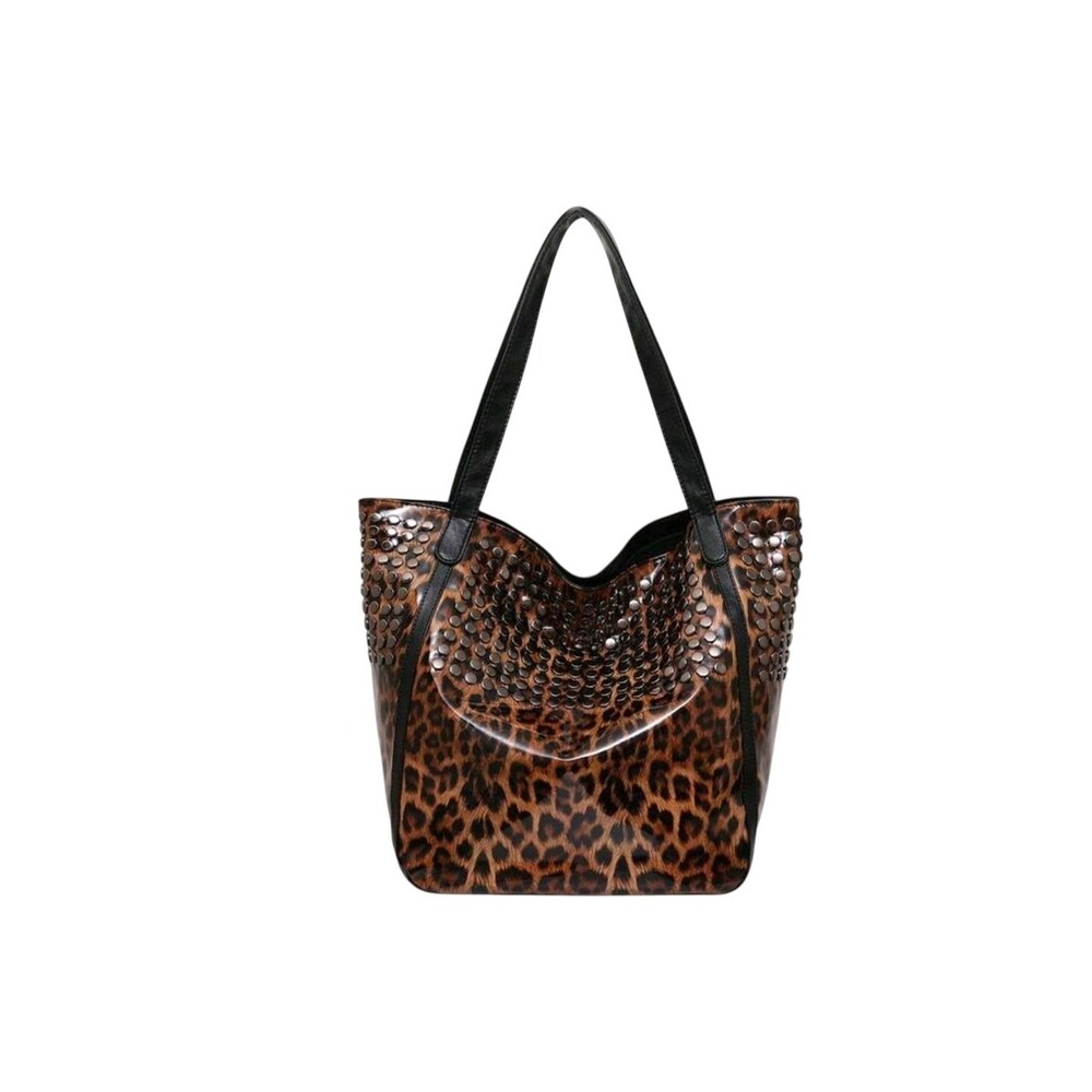 Womens‎ Leopard Print Studded Tote Bag Large Glossy Animal Print Shoulder Bag